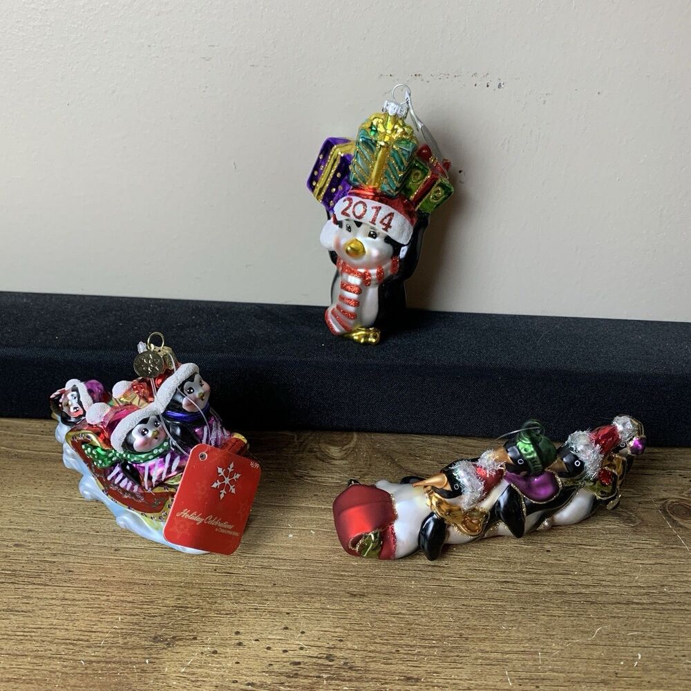 Christopher Radko & Department 56 Penguin Hand Crafted Glass Ornaments Lot Of 3